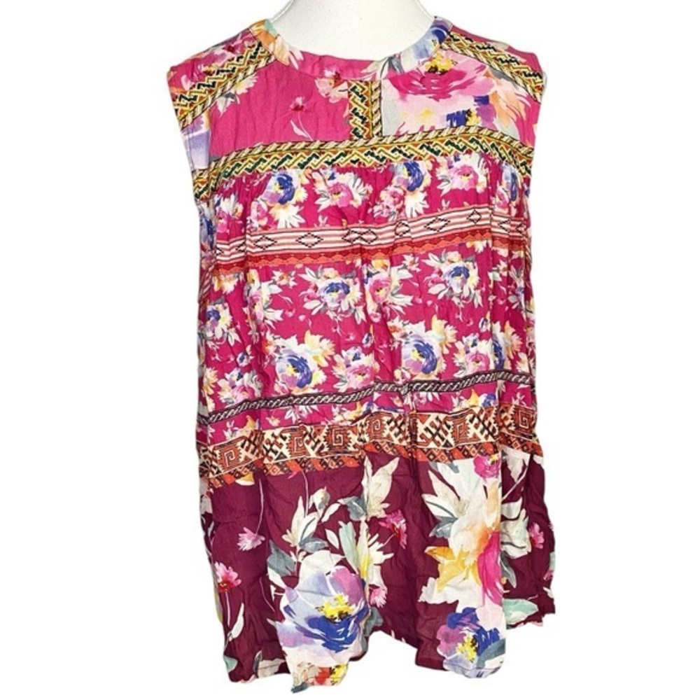 Vineet Bahl Vibrant Floral Sleeveless Blouse - Pink Multicolor - Picture 1 of 15